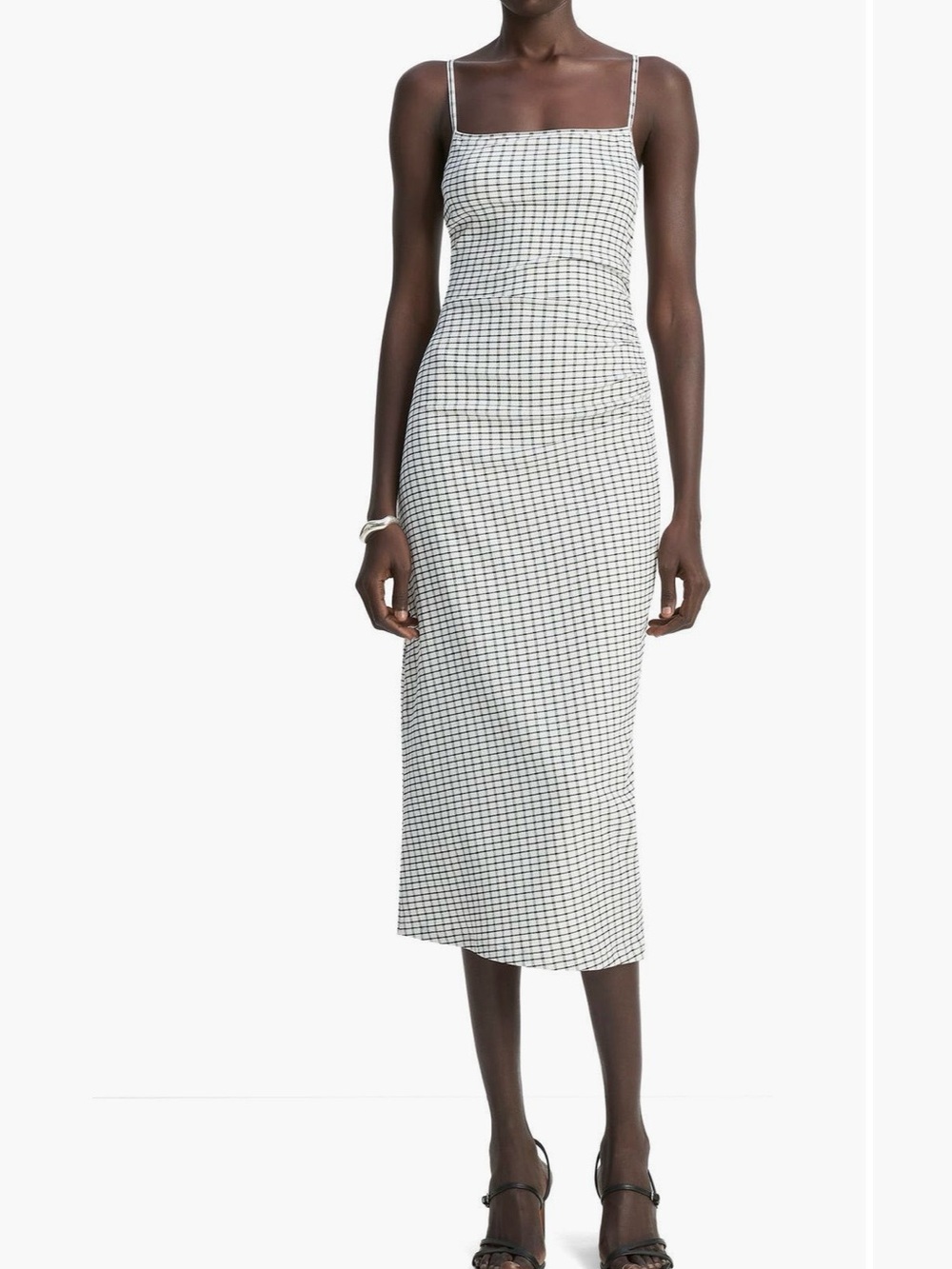 Vince White and Black Ruched Checked Tank Slip Midi Dress